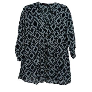 Fresh Produce blue black Button Up Top Womens Pockets Size XL/XXL Tie Waist